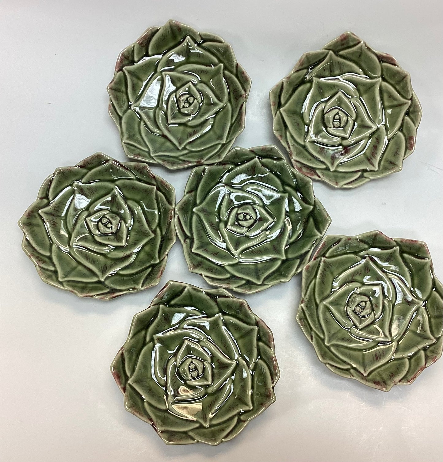 Set of Six Small Green Succulent Dishes