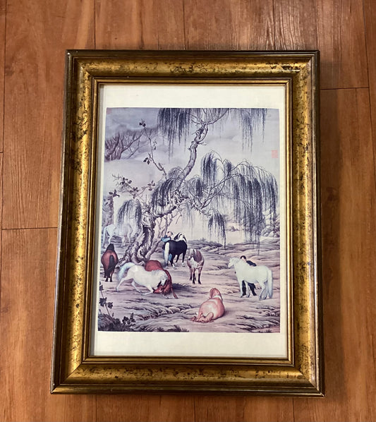 Asian Horse Scene Framed in Glass