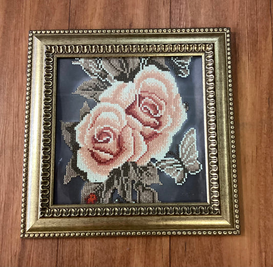 Framed Peach Roses Diamond Art