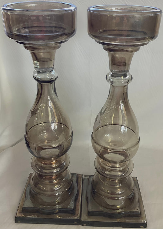 Pair of Gold Toned Glass Candle Holders