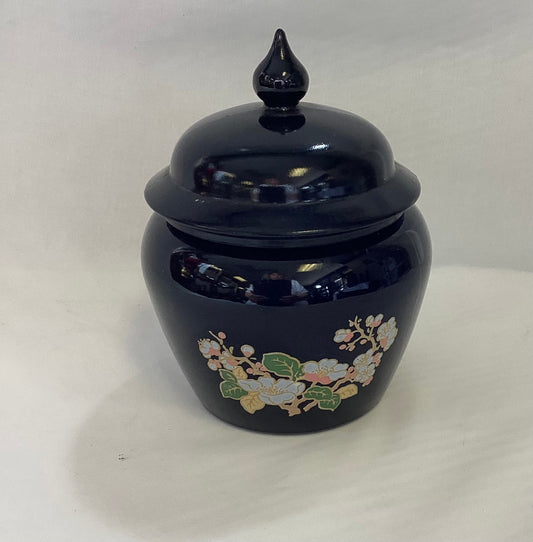 Asian Black & Floral Glass Urn