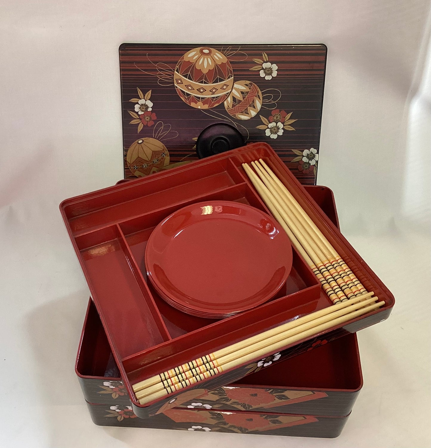 Asian Bento Box with Serving Plated and Chop Sticks