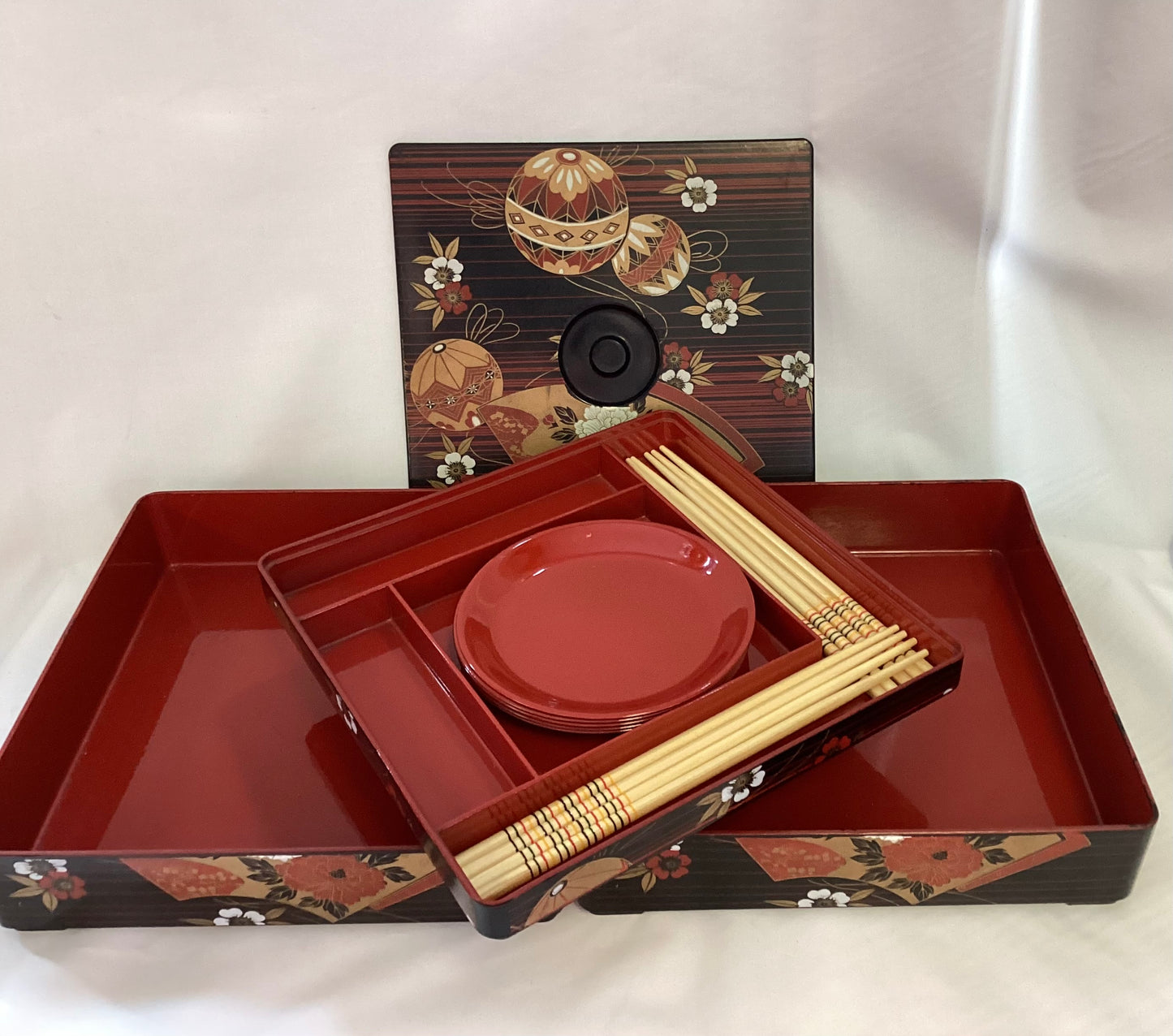 Asian Bento Box with Serving Plated and Chop Sticks