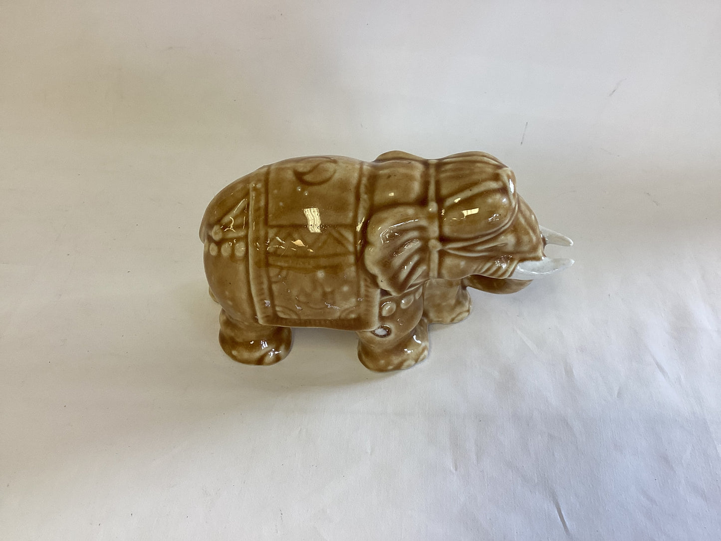 Ceramic Brown Elephant with White Tusks