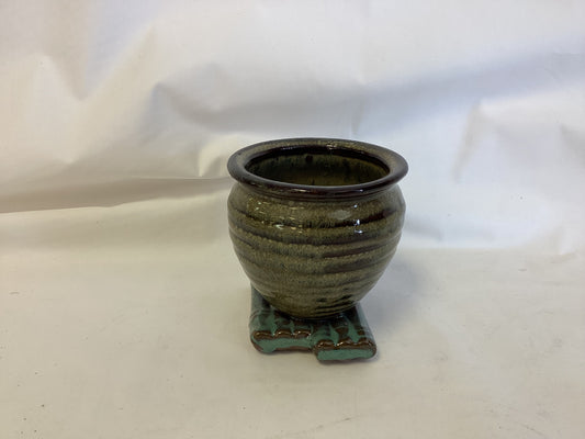 Clay Pottery Vase Mounted on Bamboo Planter