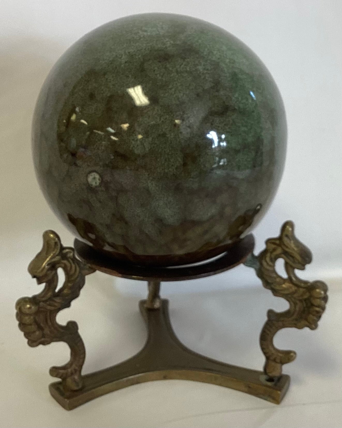 Vintage Marble Green Orb w/Brass Dragon Stand