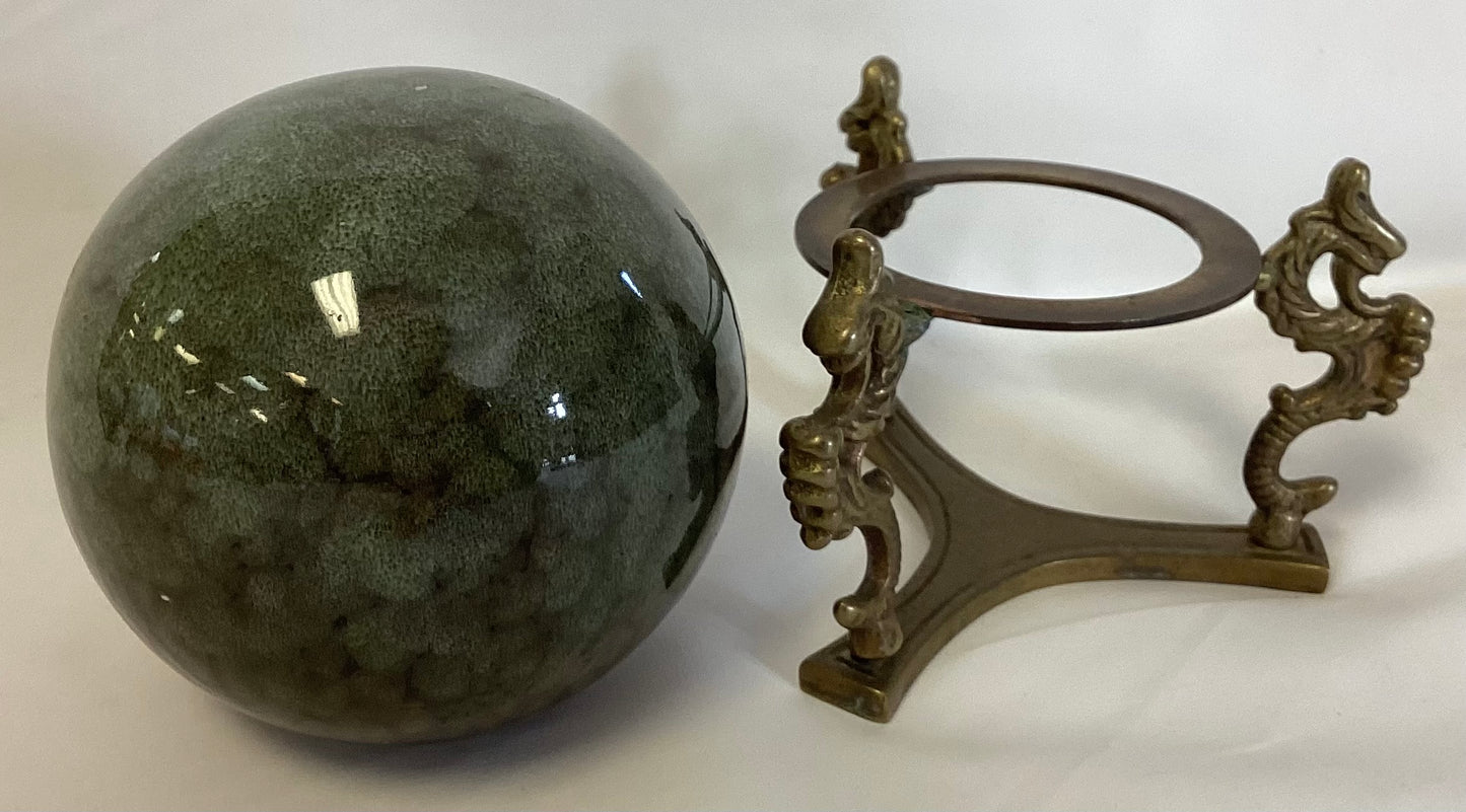 Vintage Marble Green Orb w/Brass Dragon Stand