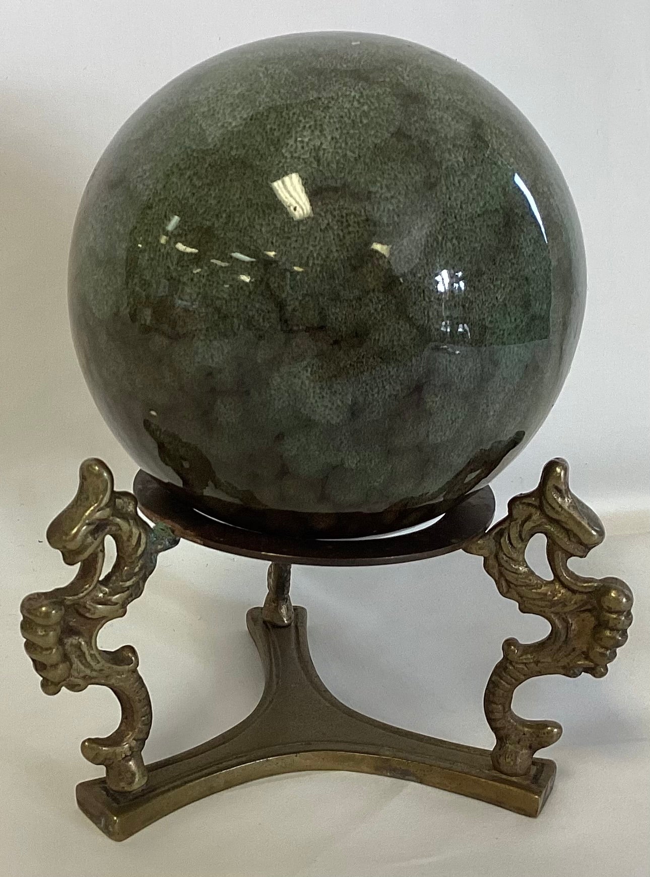 Vintage Marble Green Orb w/Brass Dragon Stand