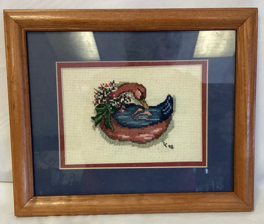 Framed Cross Stitch Lady Goose - vintage