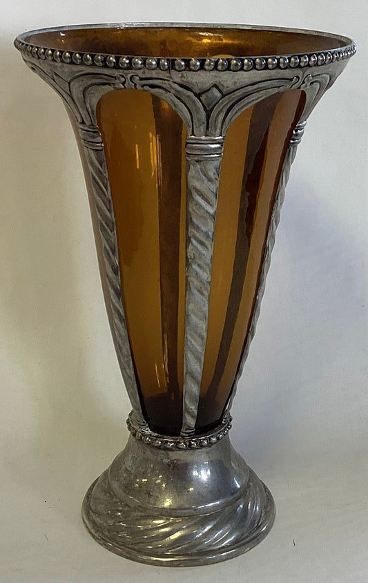 Amber Glass and Silver Plated Metal Vase