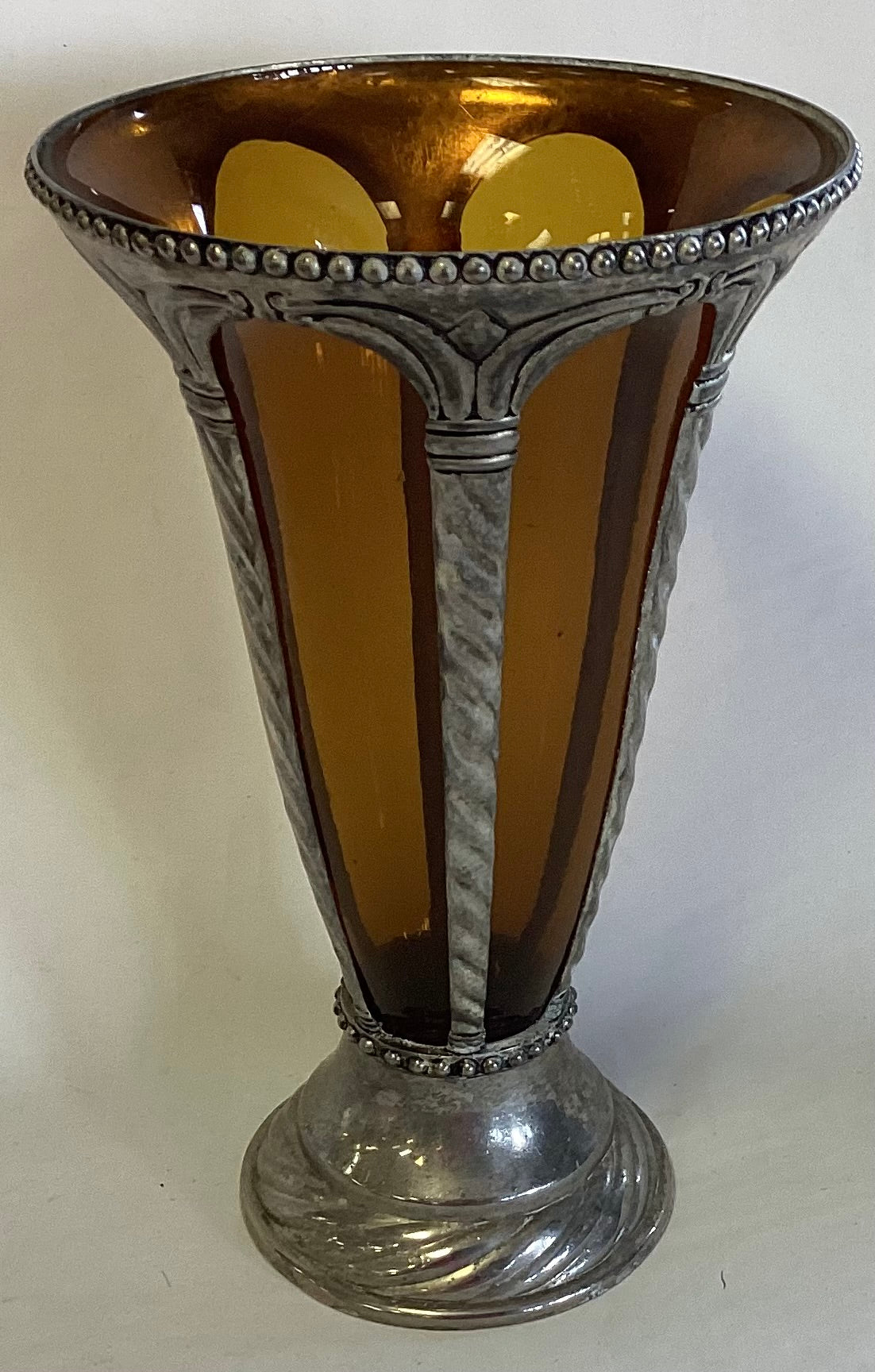 Amber Glass and Silver Plated Metal Vase