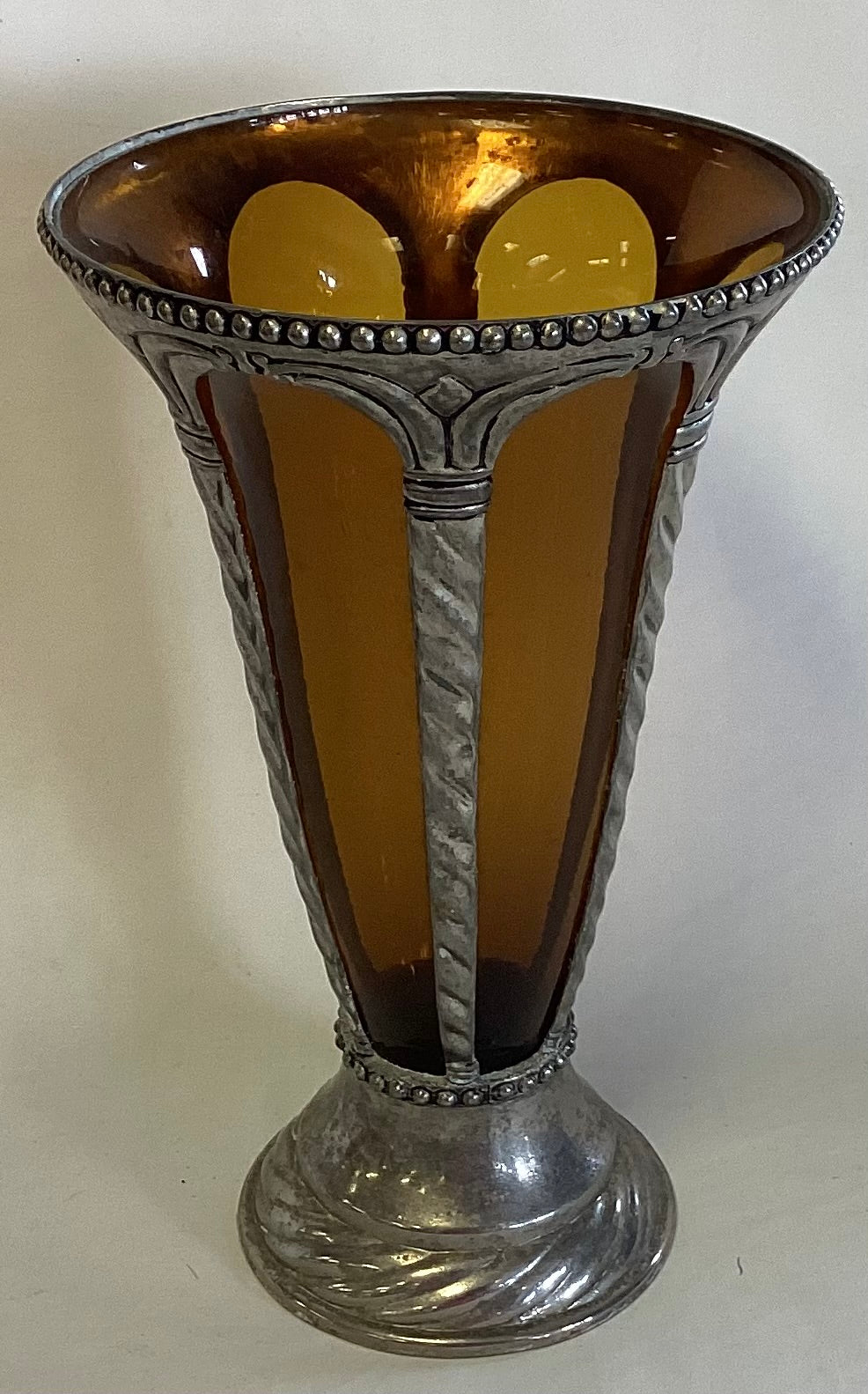 Amber Glass and Silver Plated Metal Vase