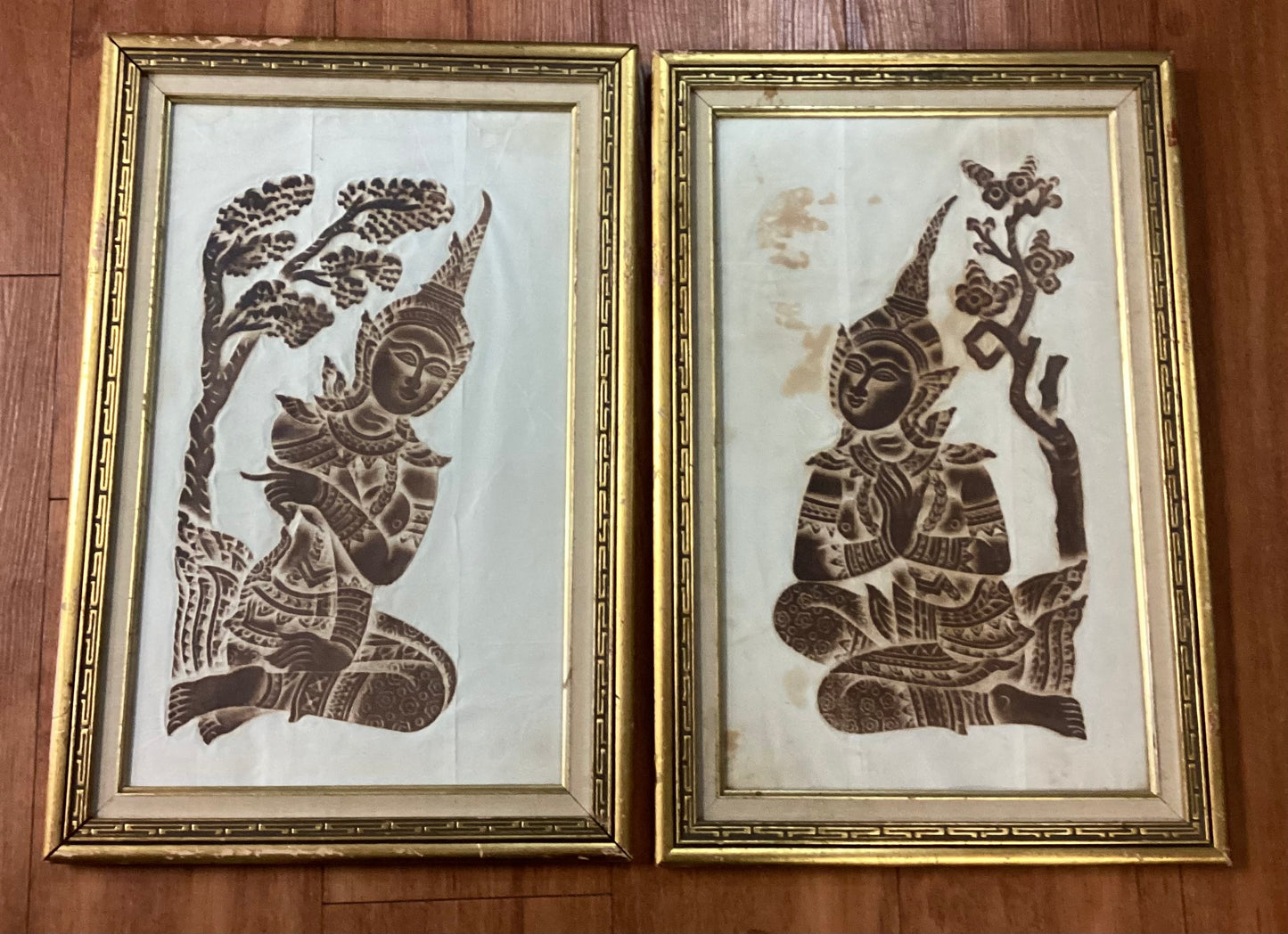 Vintage Asian Framed Paper Print Art Pair