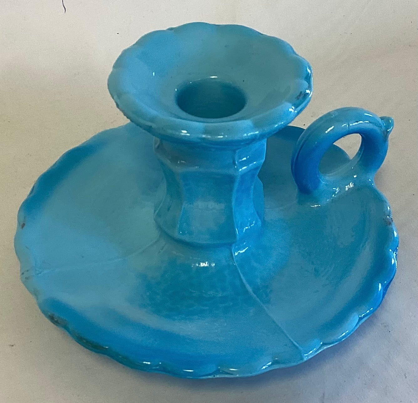 Rare Candle Holder in Blue Milk Slag Glass