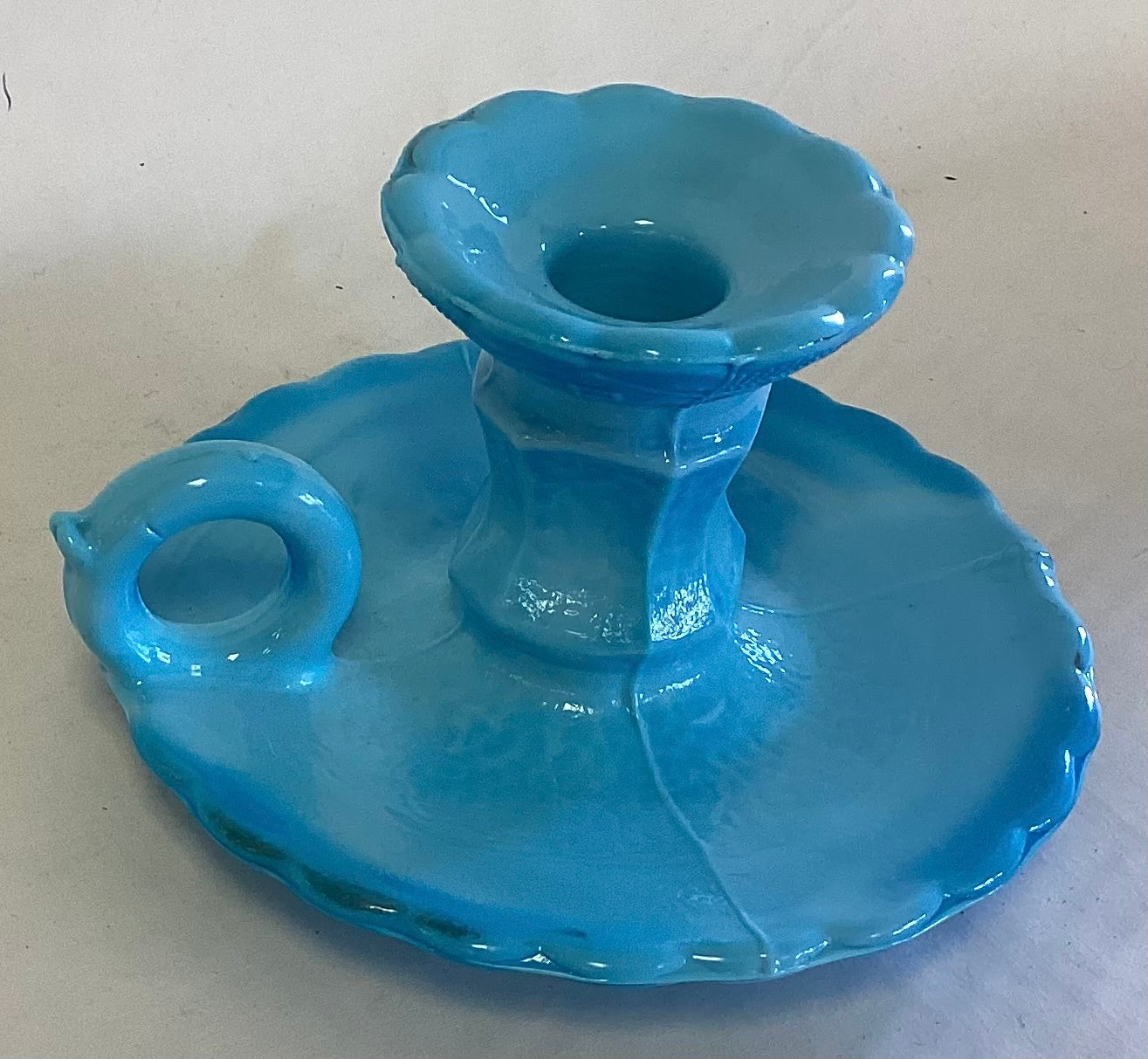 Rare Candle Holder in Blue Milk Slag Glass