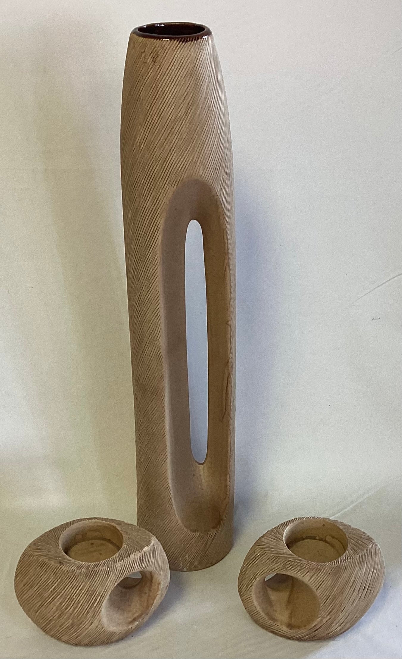 Wood Look Decor - Vase and 2 Candle Holders