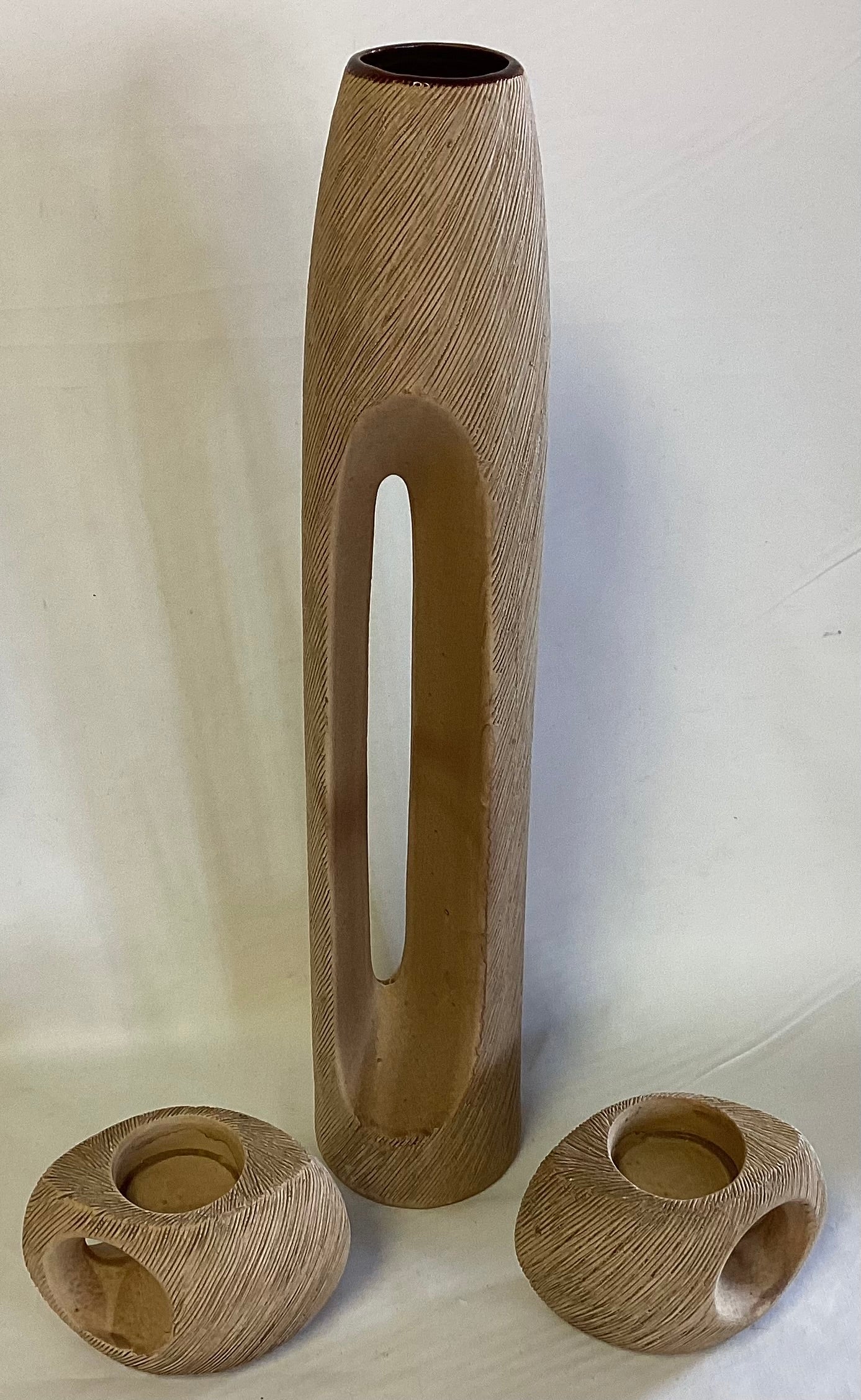 Wood Look Decor - Vase and 2 Candle Holders