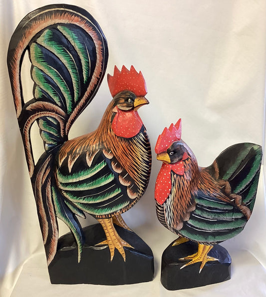 Wood Carved Set of Rooster & Hen